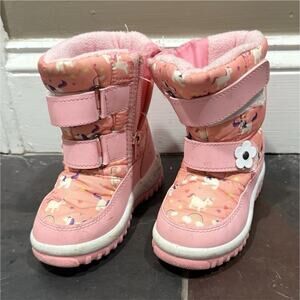 Merence Girls Size 24 Pink Unicorn Rainbow Mid-Calf Snow Boots Faux Fur Lined